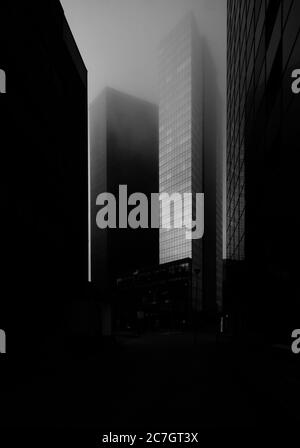 TALLINN, ESTONIA - Jul 18, 2015: Skyscrapers in heavy fog in Tallinn, Estonia Stock Photo