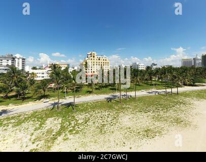 Aerial photo Miami Beach Ocean Drive with no people during Coronavirus Covid 19 pandemic Stock Photo