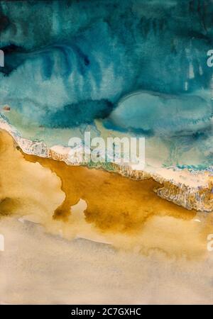 Watercolor vibrant painting seashore from above, with turquoise sea waters and wet ochre sand meet in the center Stock Photo