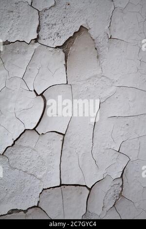 Old flaky cracked paint on gray wall, old paint background, selective focus Stock Photo
