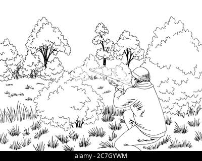 Hunter is ambushed in the bush forest glade graphic black white landscape sketch illustration vector Stock Vector