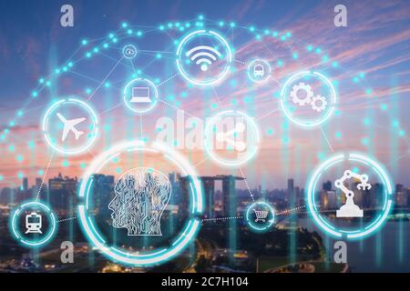 Smart city, wireless technology, communication concept, New generation of Modern city connect with intelligence technologies futuristic icons added Stock Photo