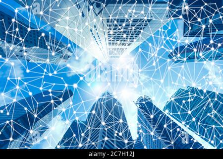 Abstract wireless technology and smart city concept, on city background Stock Photo