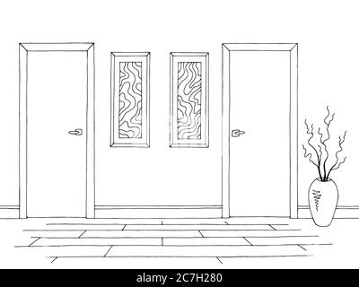 Corridor graphic black white interior sketch illustration vector Stock Vector