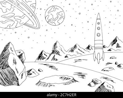 Rocket landed alien planet graphic black white space landscape sketch illustration vector Stock Vector