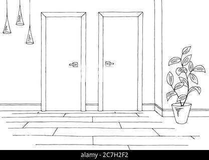 Corridor graphic black white interior sketch illustration vector Stock Vector