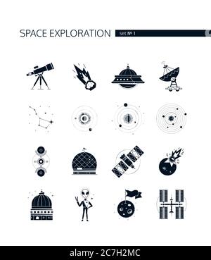 Space exploration - modern vector set of black icons Stock Vector