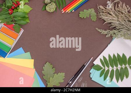 Back to school: composition of school supplies with copy space on a brown background Stock Photo