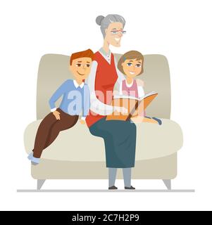 Grandmother reading to grandchildren - flat design style illustration Stock Vector