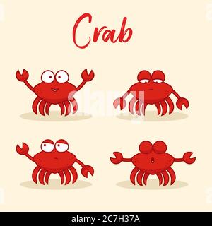Red Crab Set Vector Illustration Clip art. Crabs in different poses and emotions. Element for design. Stock Vector
