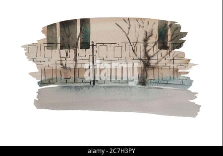 Simple urban watercolor backdrop with part of the street, frontal view. Horizontal illustration with pedestrian part, fence, trees and building with Stock Photo
