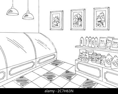 Grocery store shop interior black white graphic sketch illustration vector Stock Vector