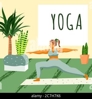 Yoga exercise on green backdrop. Body positive woman for web template, landing page, card or cloth print, healthy lifestyle blog. Fitness courses or c Stock Vector