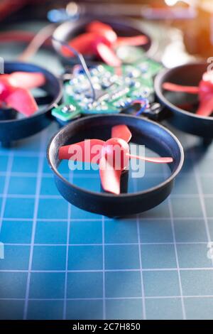 mini drone components displayed together Stock Photo