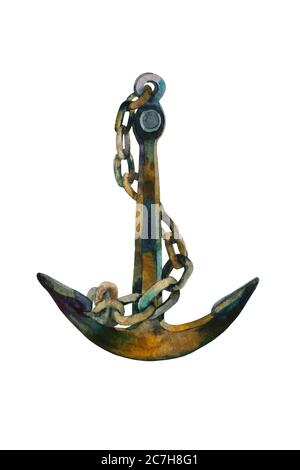 Watercolor anchor with rusty chain twisted around it. Original hand painted illustranion isolated on a white background. Stock Photo