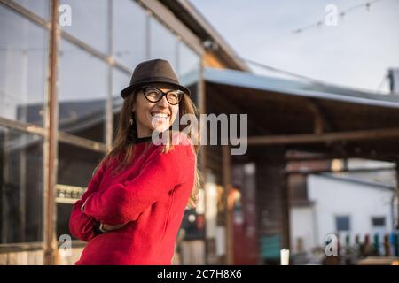 young woman enjoying winter day outdoors Stock Photo