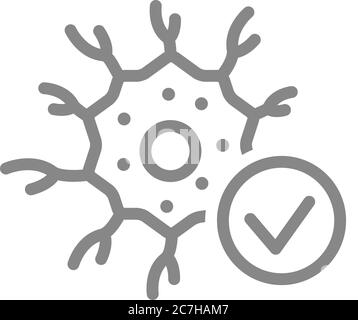 Neuron with tick checkmark line icon. Healthy neural tissue, nerve cell check symbol Stock Vector
