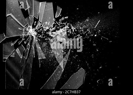 Broken glass window. Texture of broken glass. Isolated realistic cracked glass effect. Template for design. Black and white 3D illustration Stock Photo