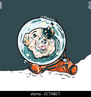 Vector poster with hand drawn dog in space suite. Funny puppy in orange jumpsuit for postcard, flyer. Stock Vector