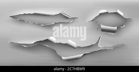 Metal rip holes with curly edges, ragged cracks, cut damage on steel sheet. Torn slash, gun aperture design element isolated on transparent background Realistic 3d vector illustration, clip art Stock Vector