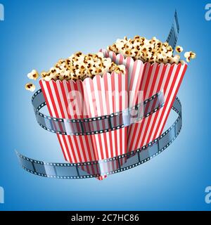 Movie theater flyer with film strip and popcorn in striped paper boxes. Vector realistic illustration of white and red buckets with pop corn and cinema tape on blue background Stock Vector