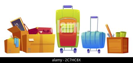 Set of old things luggage, suitcase and baggage bags, kids blackboard, wrench, bat and detergent in cardboard and wooden boxes isolated on white background. Cartoon vector illustration, icon, clip art Stock Vector
