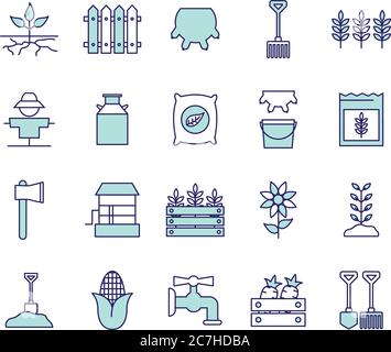 farm line and fill style icon set design, agronomy lifestyle agriculture harvest rural farming and country theme Vector illustration Stock Vector