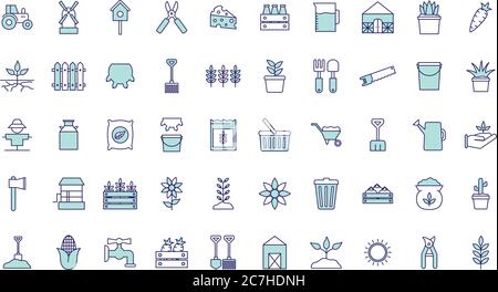 farm line and fill style icon set design, agronomy lifestyle agriculture harvest rural farming and country theme Vector illustration Stock Vector