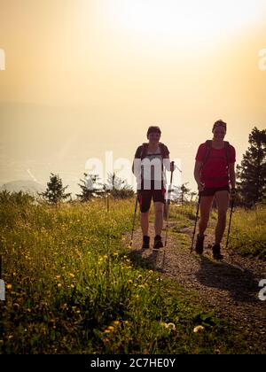 Hiking on the Zweälersteig, narrow hiking trail at the summit of the Kandel, view towards the west Stock Photo