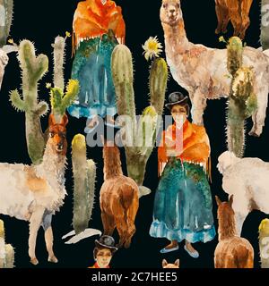 Seamless watercolor pattern with cute alpacas, lamas, girl in traditional colthes and cactuses on dark background Stock Photo