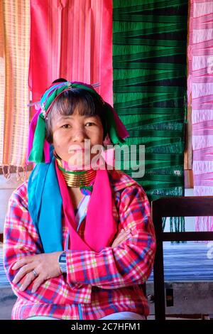Long necked Kayan Padaung woman weaving January 26, 2017 Stock Photo