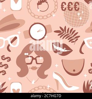 Woman style Seamless pattern. Vector illustration for surface design. Businesswoman objects flat texture background. Pastel color trend Stock Vector