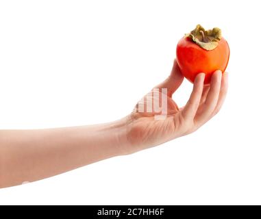 persimmon in hand path isolated on white Stock Photo