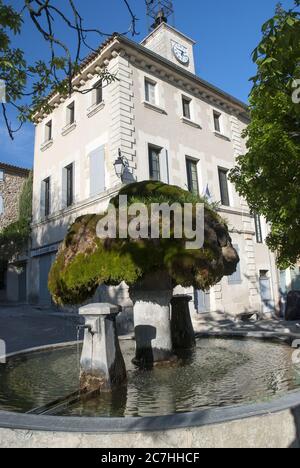 Fountain covered in mosses with the Town Hall on the background in Mairie de Vaugines Stock Photo