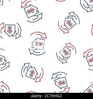 Thermometer home icon in flat style. House climate control vector illustration on white isolated background. Hot, cold temperature seamless pattern bu Stock Vector