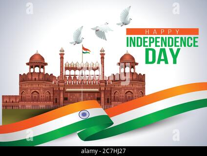 red fort background with flying pigeon. India Independence Day 15 August Celebration Card, poster, Badges Vector Template Stock Vector