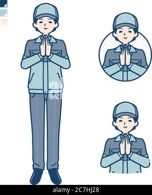 A Man wearing workwear with press hands in prayer images. It's vector art so it's easy to edit. Stock Vector
