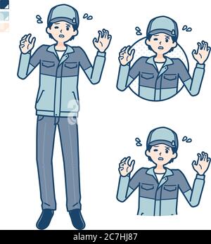 A Man wearing workwear with panic images. It's vector art so it's easy to edit. Stock Vector