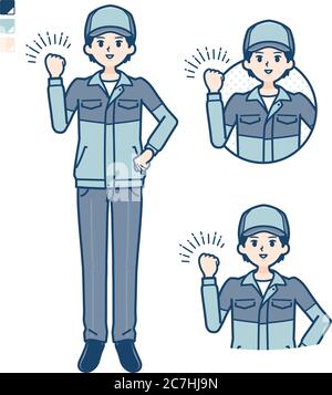 A Man wearing workwear with fist pump images. It's vector art so it's easy to edit. Stock Vector