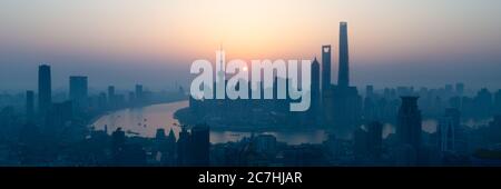 High angle panorama view of the Shanghai Skyline at dusk. Shanghai sunrise. Stock Photo