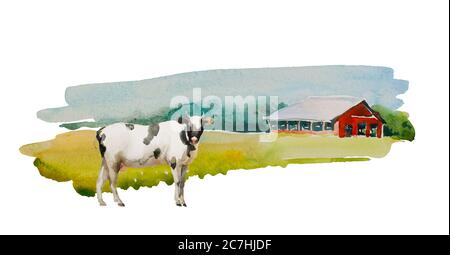 Traditional Vintage Red Farm barn with white and black cow on the front. Original simple watercolor rural illustration Stock Photo