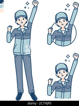 A Man wearing workwear with fist pump images. It's vector art so it's easy to edit. Stock Vector