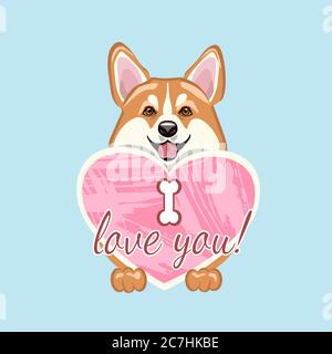 Smiling cute welsh corgi dog with a pink heart. Stock Vector