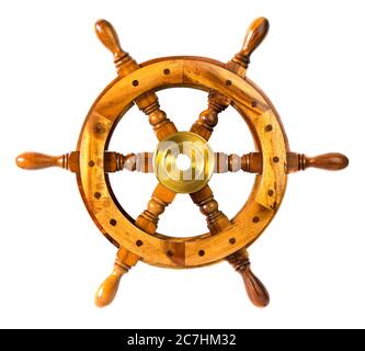 Old vintage wooden steering sheep wheel, isolated on white background Stock Photo