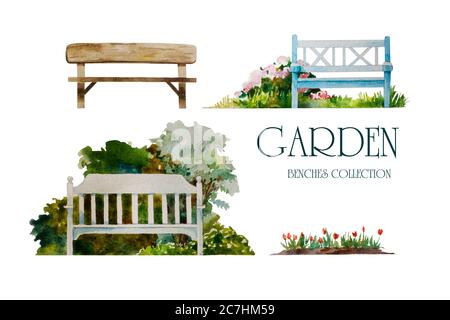 Set of watercolor garden benches for landscape design, hand painted in fromt view and isolated on white background. Stock Photo