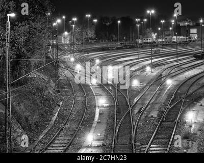Tracks, train tracks, marshalling yard, train station, station area, switches, lanterns, trains, train, wagon Stock Photo