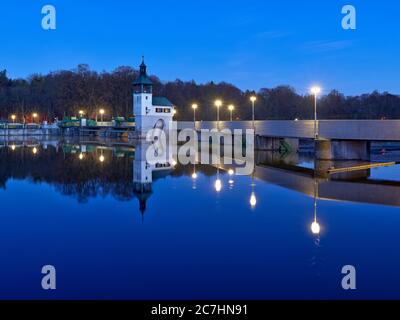 Weir, weir, drain, river, water, concrete, bank fortification, embankment, reeds, stone, river bricks Stock Photo