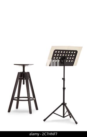 Studio shot of a black chair and a music notebook on a stand isolated on white background Stock Photo