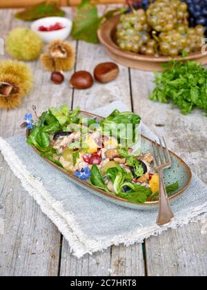 Chestnut salad with grapes, orange, lamb's lettuce and pomegranate in an elongated bowl on a cloth, untreated wooden table with chestnuts, peels and chervil Stock Photo
