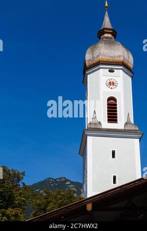 The church tower of the St. Martin church in Garmisch-Partenkirchen, Bavaria, Germany Stock Photo